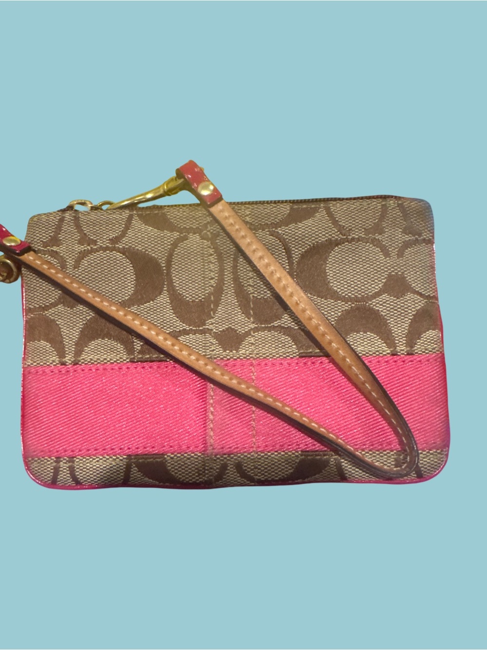 Coach Brown Signature Canvas Wristlet with Pink Accent